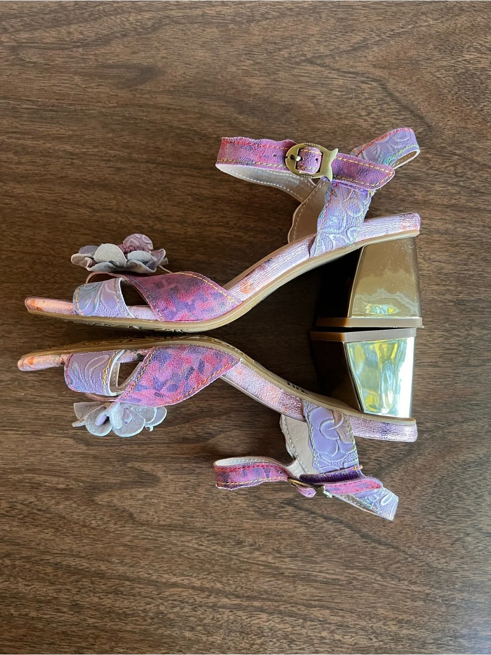 L’Artiste Spring Step Difi Floral Leather Block Heel Sandal Lilac EU 40 US 9/9.5